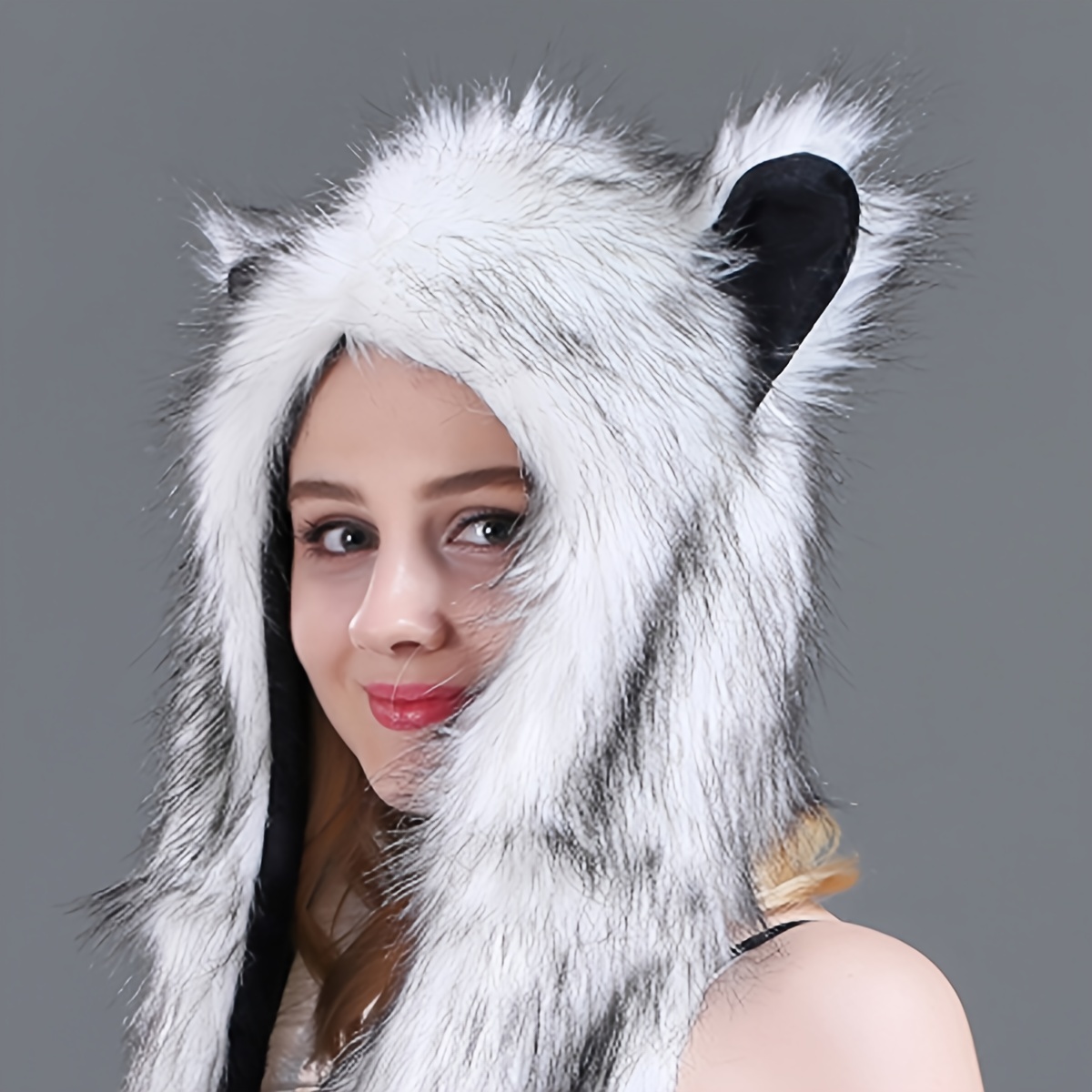 women anime spirit animal hood hoods furry hoodie faux fur hat with warm scarf mittens gloves spirit ears and paws valentines gifts for her details 4