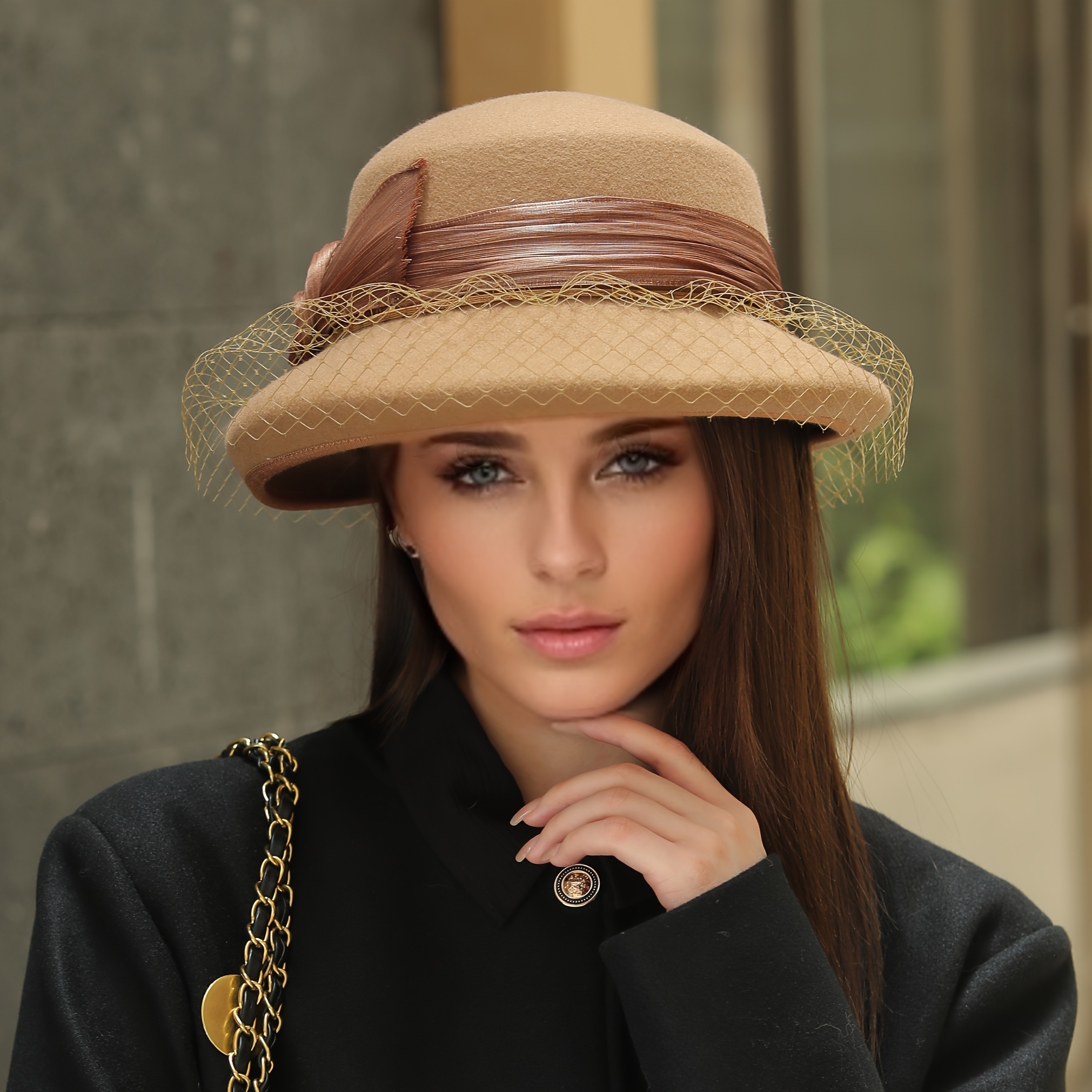 elegant wool fedora with mesh veil breathable non stretch fashion bucket hat for women perfect for autumn winter details 6