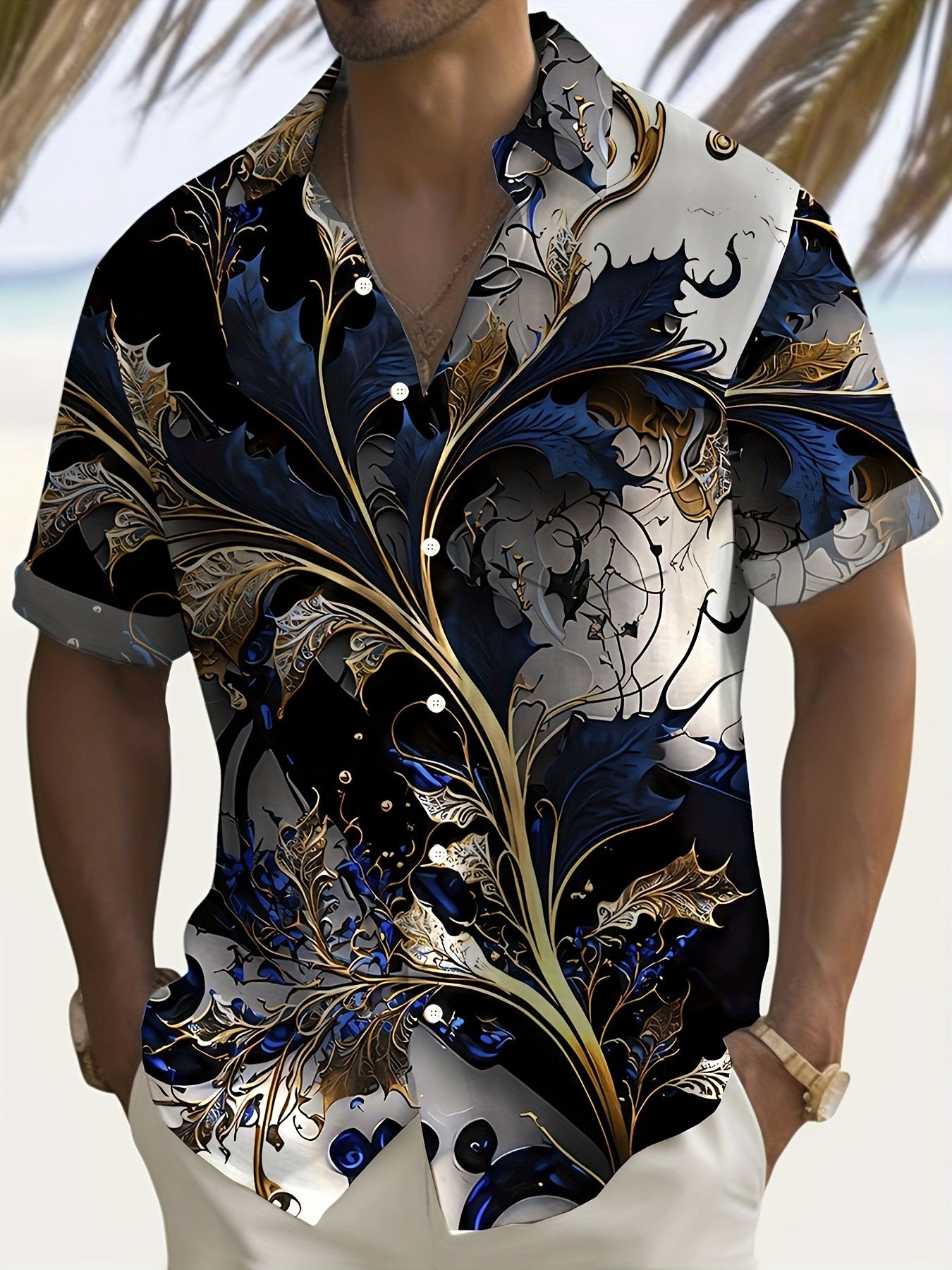 plus size golden branch graphic print shirt for summer holiday hawaiian style short sleeve shirt details 1