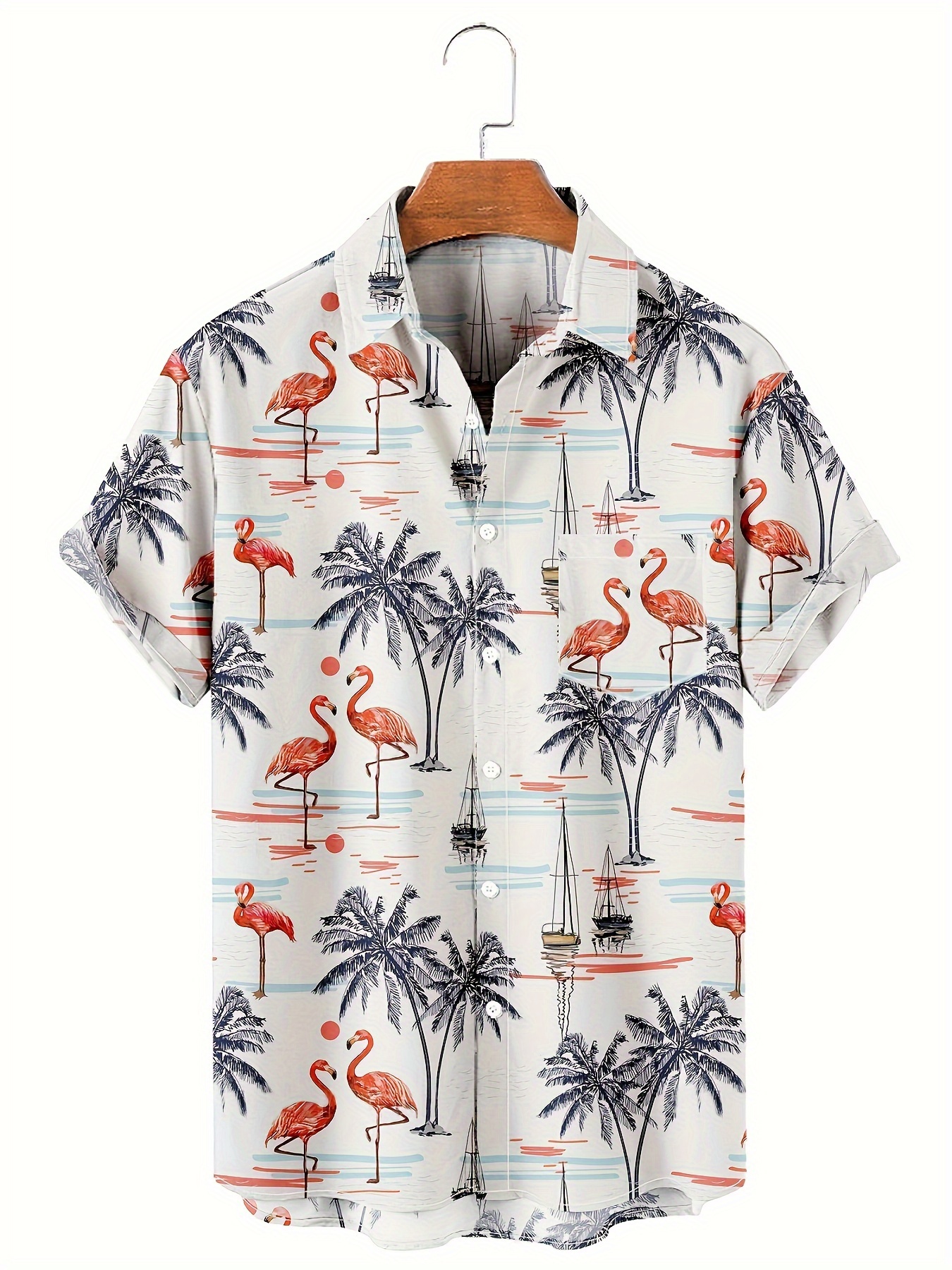 plus size mens short sleeve shirt casual button down collared shirt with flamingo and palm trees pattern vintage and bohemian style details 0