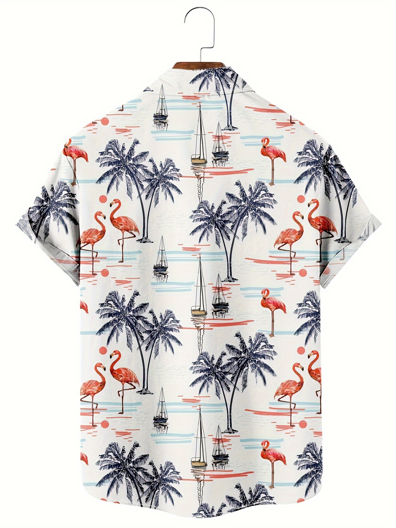 plus size mens short sleeve shirt casual button down collared shirt with flamingo and palm trees pattern vintage and bohemian style details 1