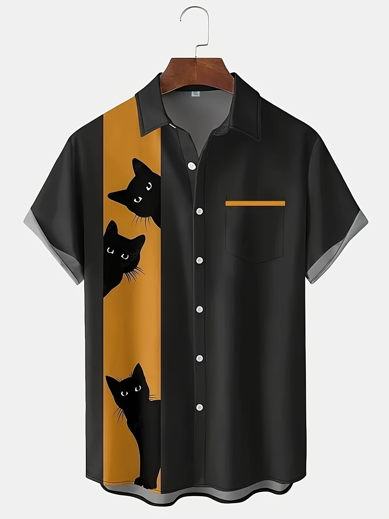 plus size mens color matching black cats print shirt with chest pocket casual breathable lapel button up short sleeve shirt for summer outdoor activities details 1