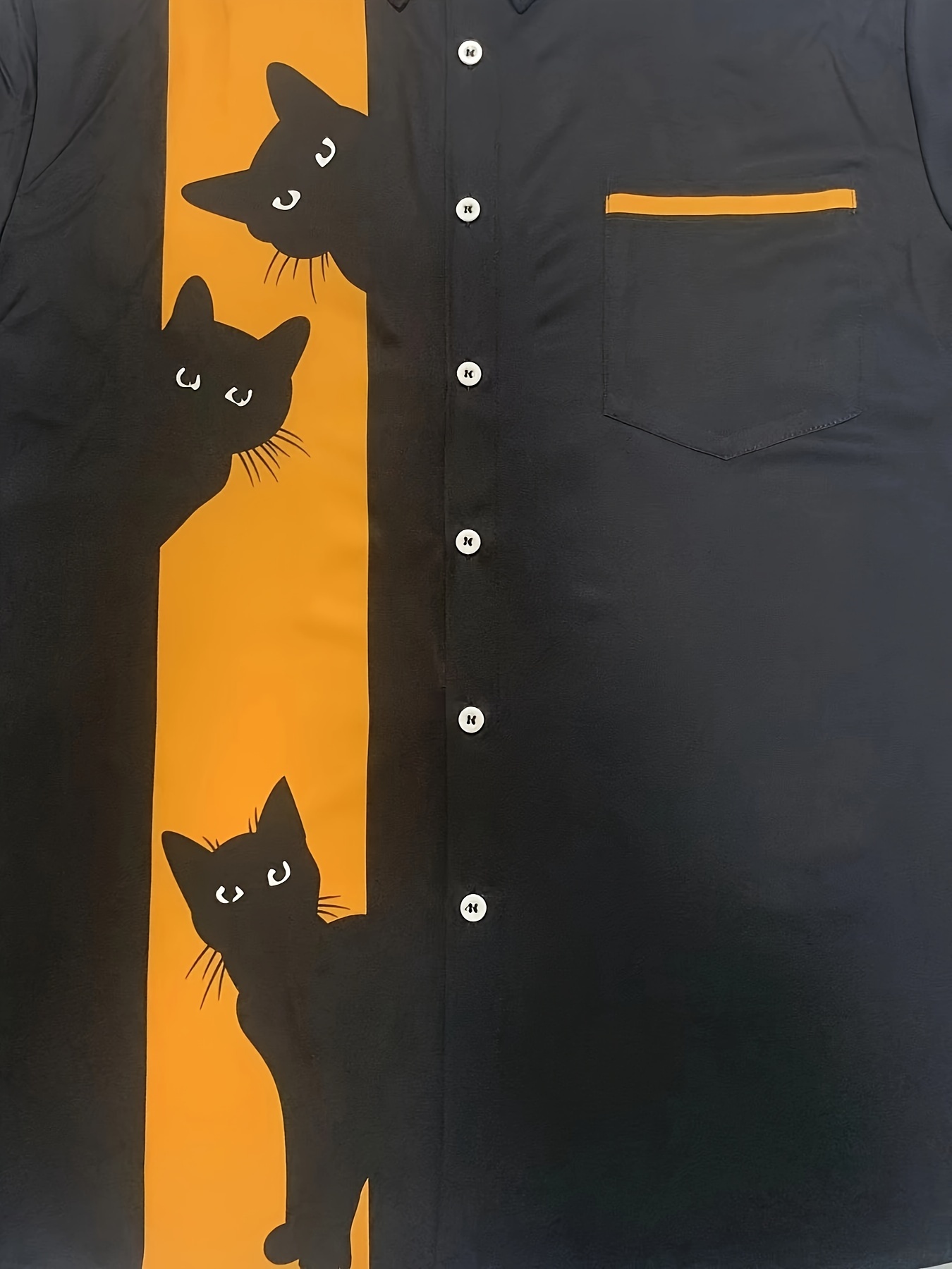 plus size mens color matching black cats print shirt with chest pocket casual breathable lapel button up short sleeve shirt for summer outdoor activities details 2