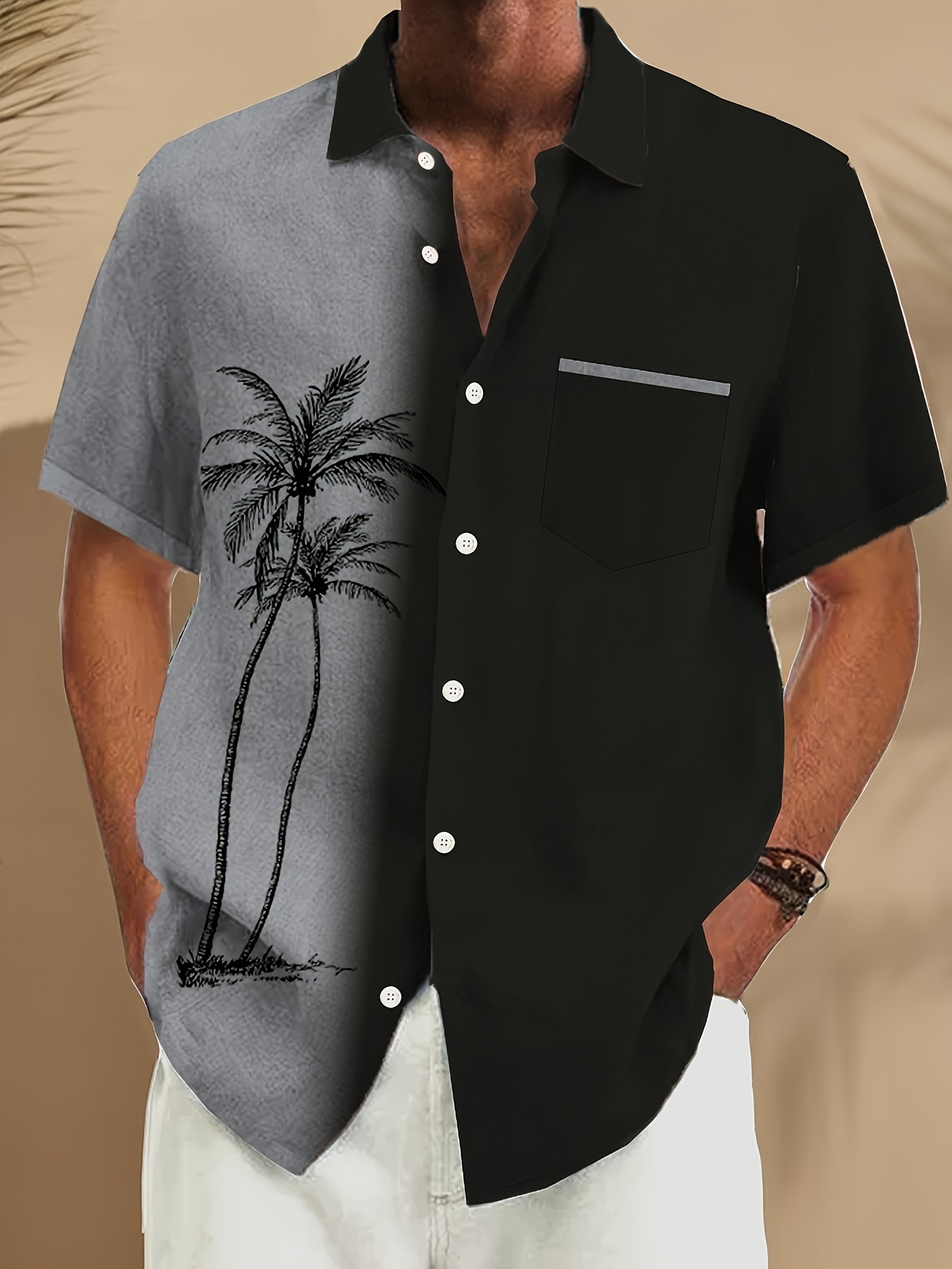 plus size mens coconut trees graphic print shirt for summer casual fashion short sleeve shirt details 3