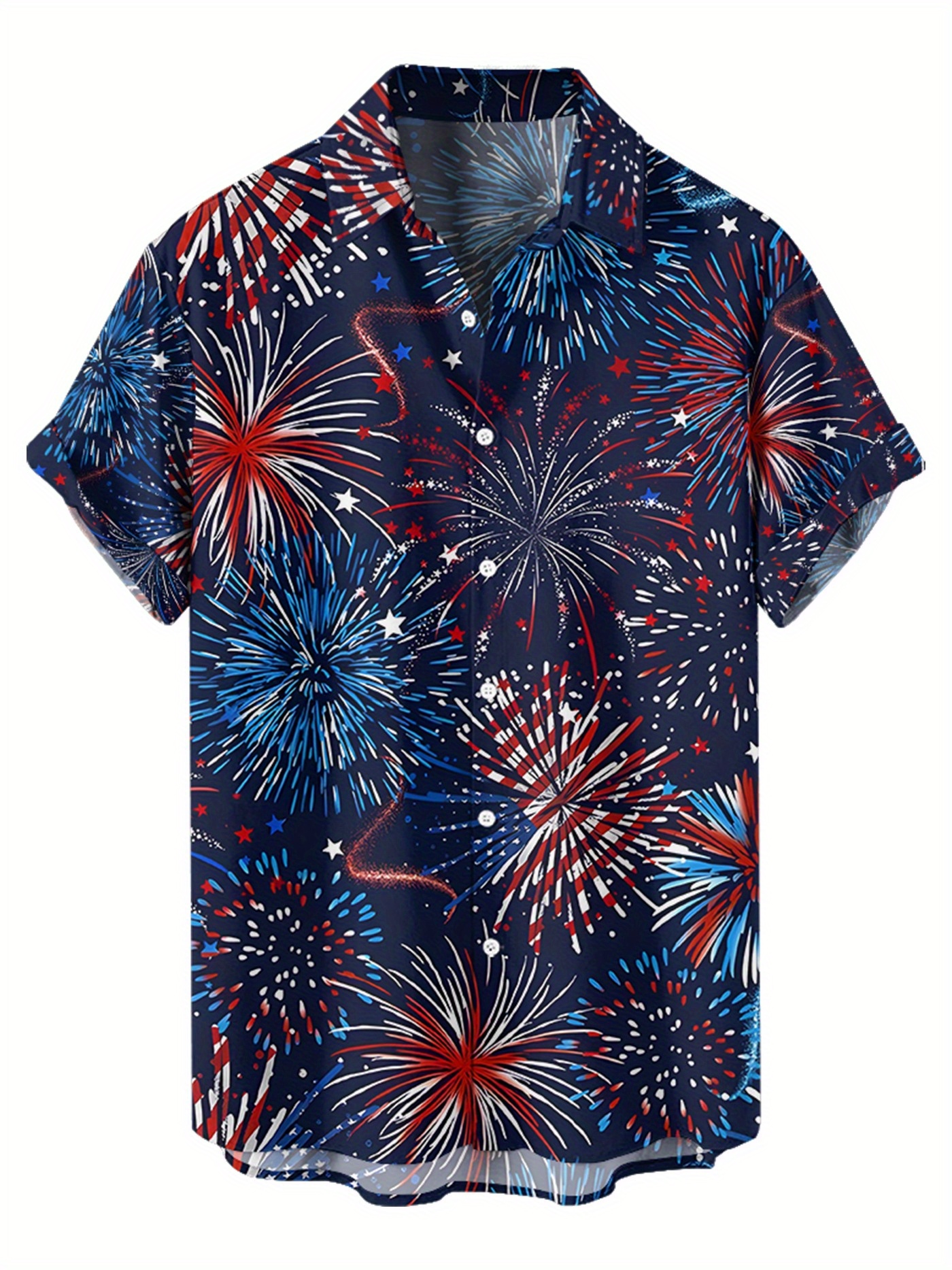 mens summer fireworks element contrasting color   print casual daily style sweat wicking breathable quick drying   collar shirt with buttons and elastic shirt without pockets details 3