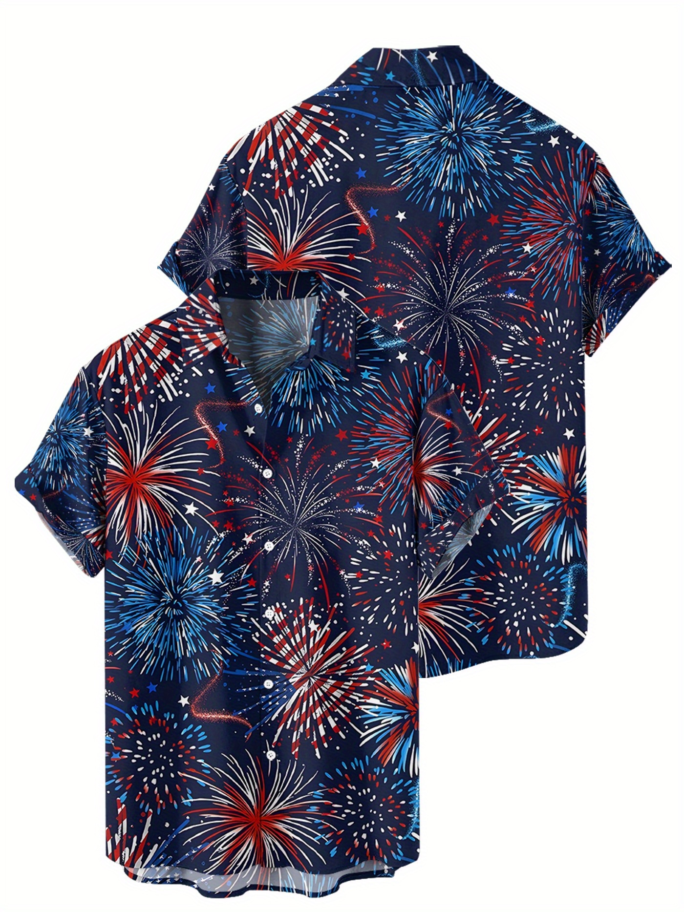 mens summer fireworks element contrasting color   print casual daily style sweat wicking breathable quick drying   collar shirt with buttons and elastic shirt without pockets details 4