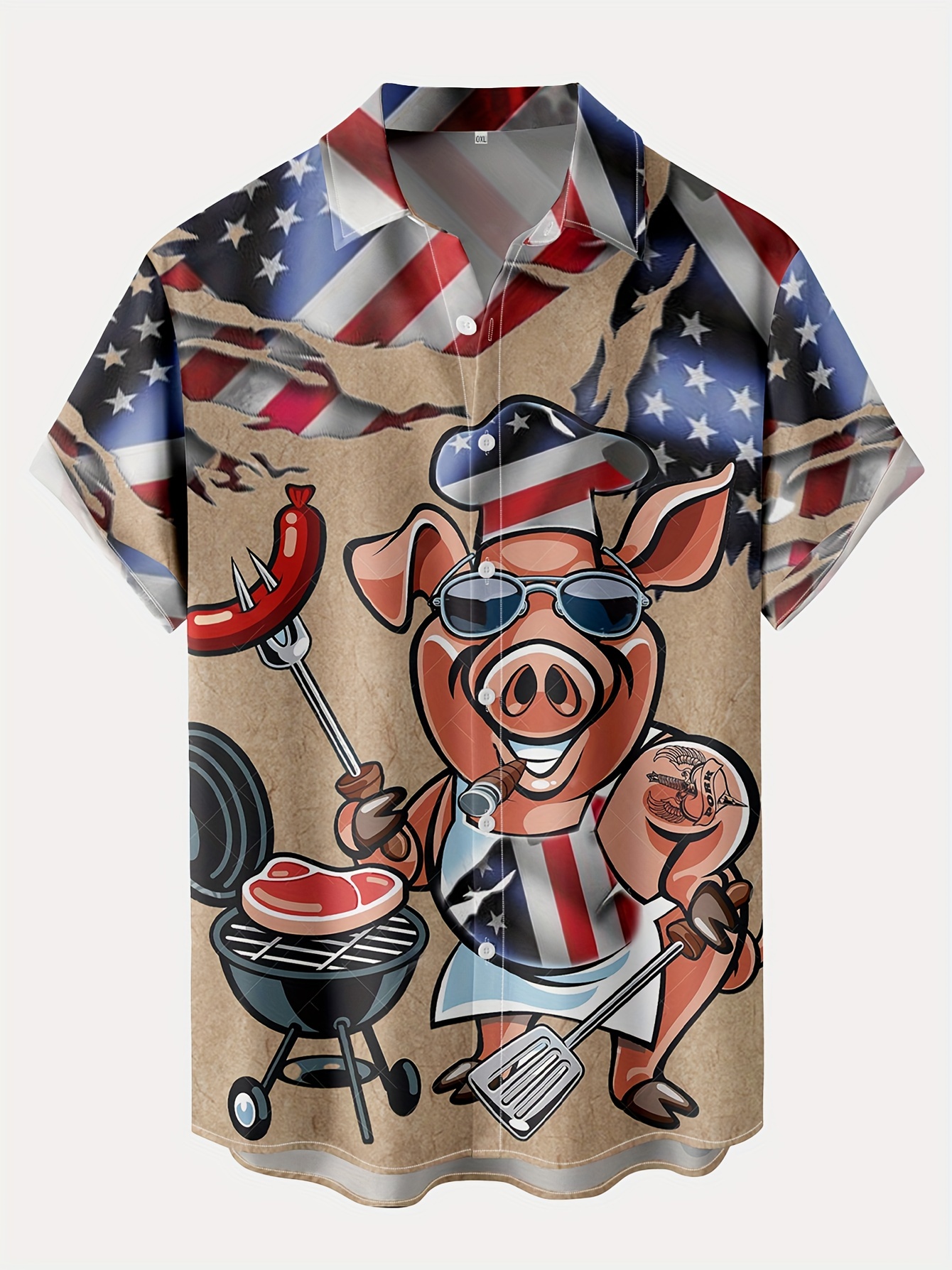 american flag bbq   printing hawaiian resort casual shirt plus size mens stylish lapel collar summer clothing for vacation leisurewear details 1