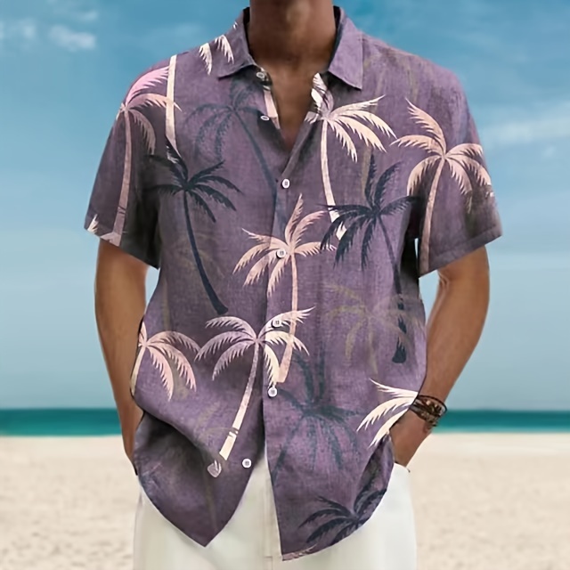 plus size mens summer hawaiian shirt with palm trees print casual short sleeve button down bohemian mature style details 0