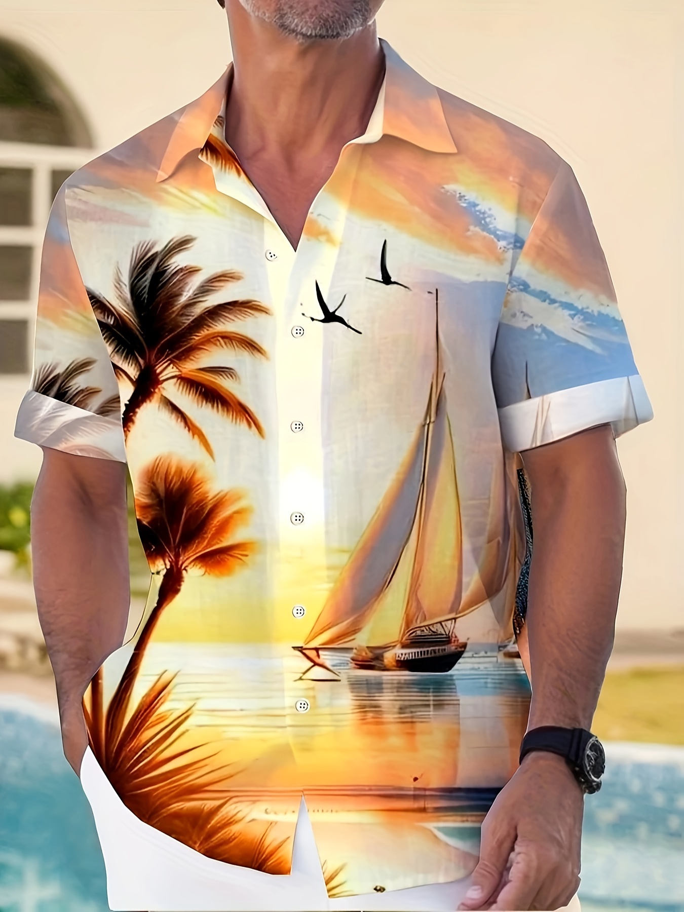 plus size mens summer coconut trees graphic print shirt for summer trendy casual short sleeve shirt for males details 1