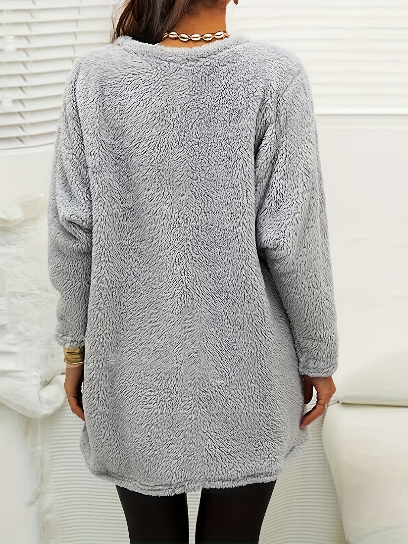 plus size casual sweatshirt womens plus solid fluffy long sleeve round neck fuzzy pullover top with pockets details 0