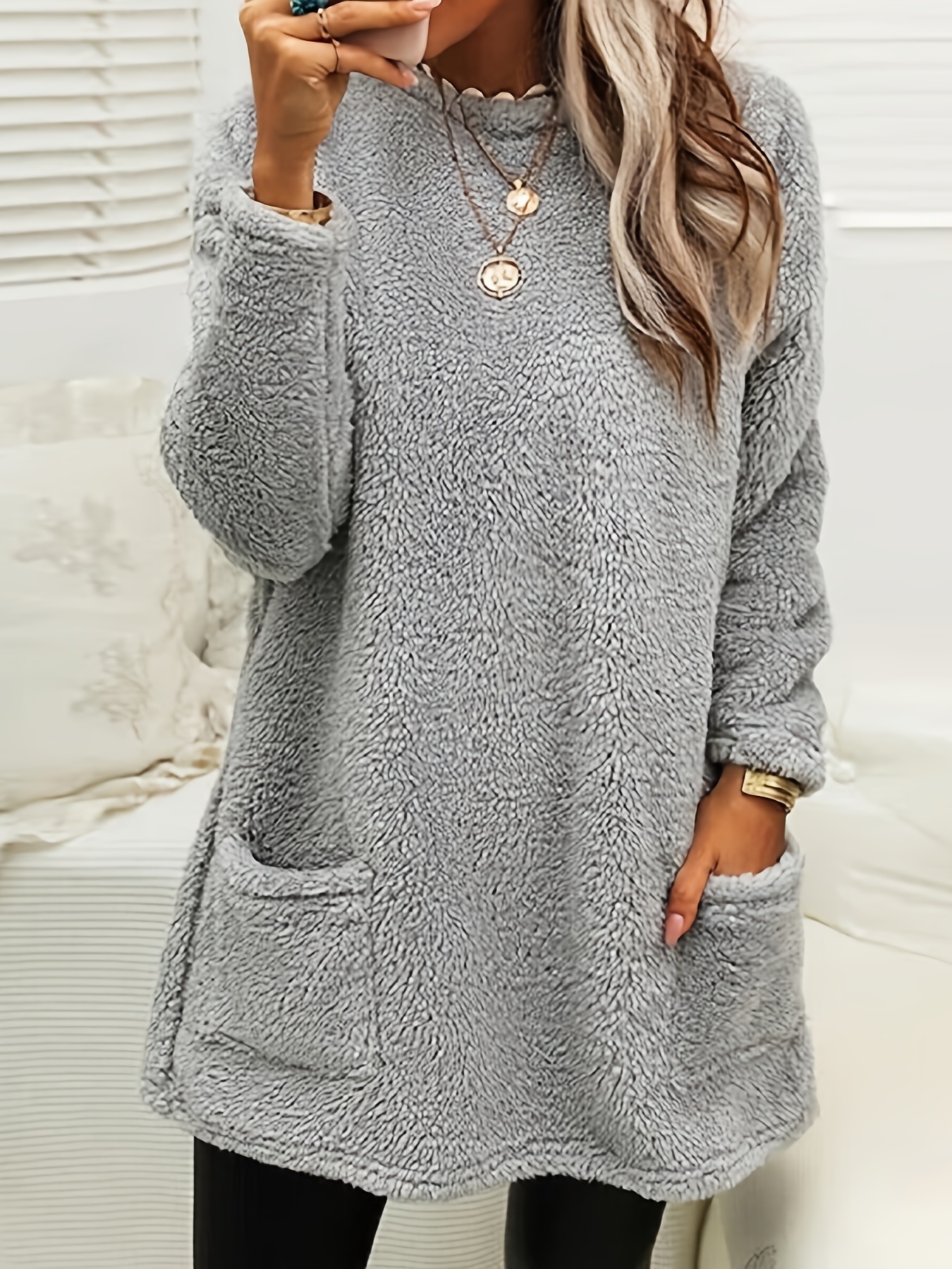 plus size casual sweatshirt womens plus solid fluffy long sleeve round neck fuzzy pullover top with pockets details 1