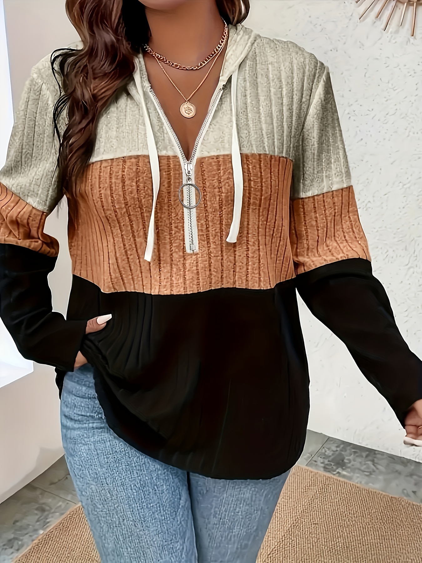 plus size color block drawstring hoodie casual ribbed zip front long sleeve sweatshirt womens plus size clothing details 2