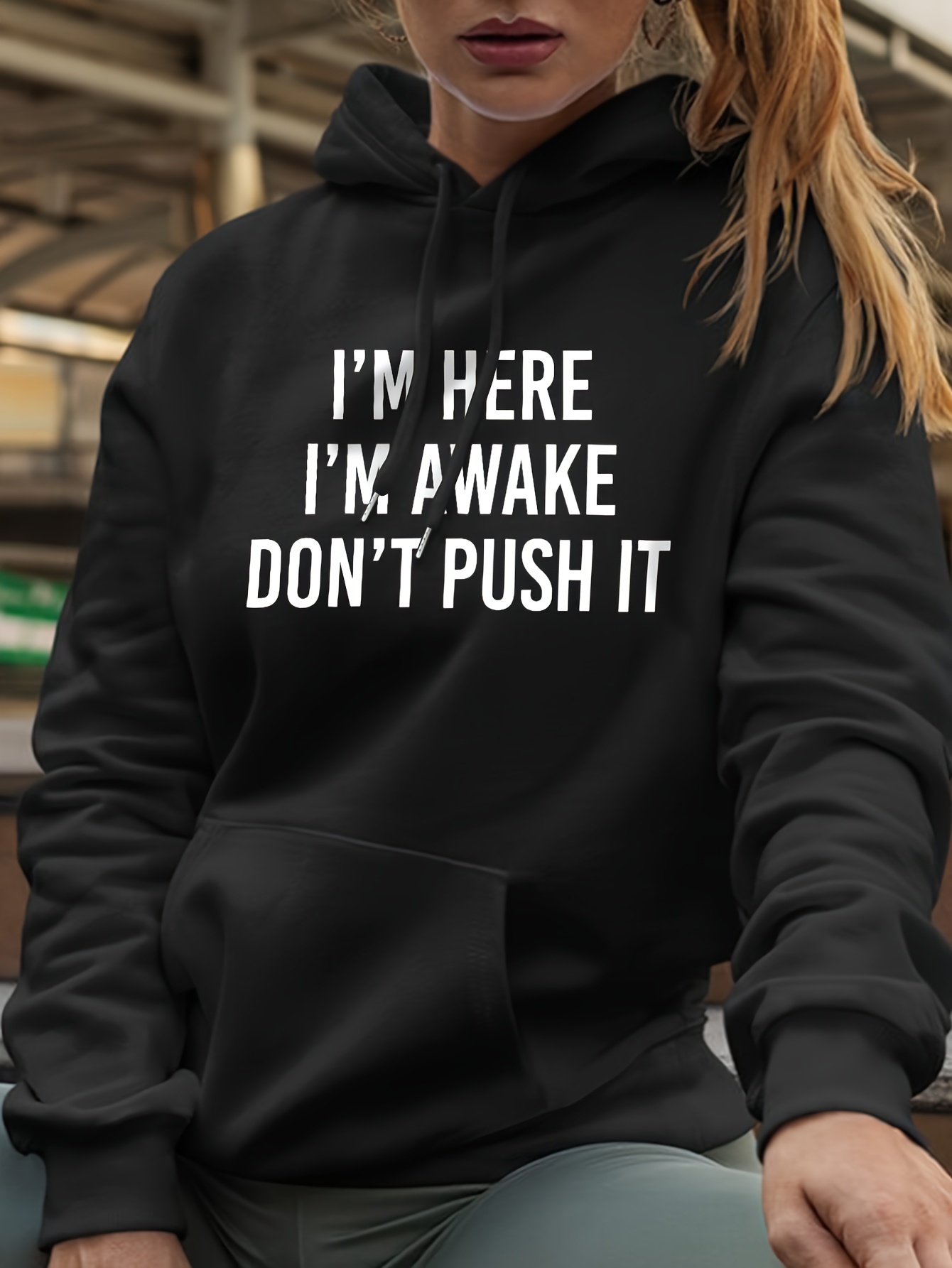 plus size casual sweatshirt womens plus slogan print long sleeve drawstring hooded sweatshirt with pockets details 0