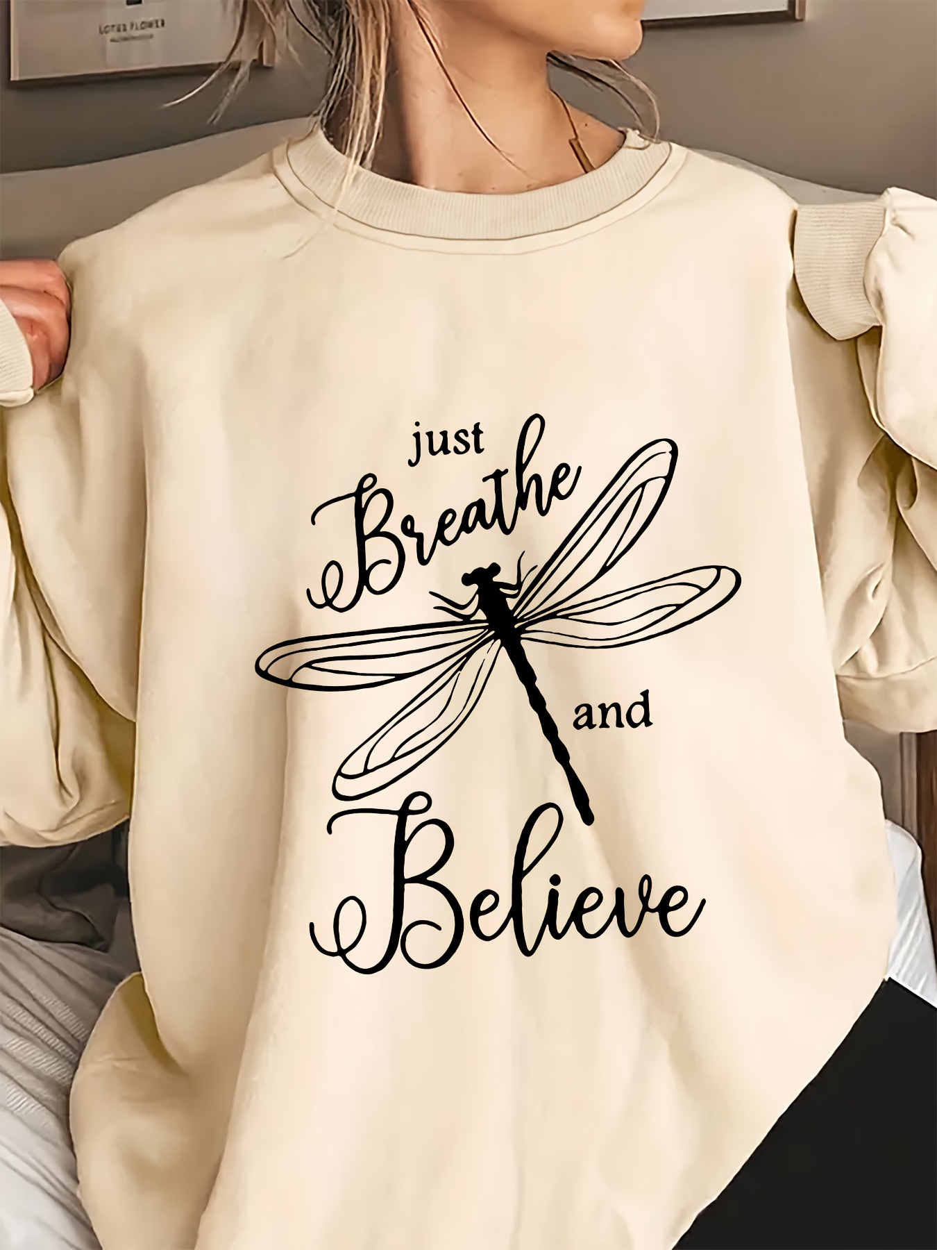 plus size casual sweatshirt womens plus slogan dragonfly print long sleeve round neck sweatshirt details 1