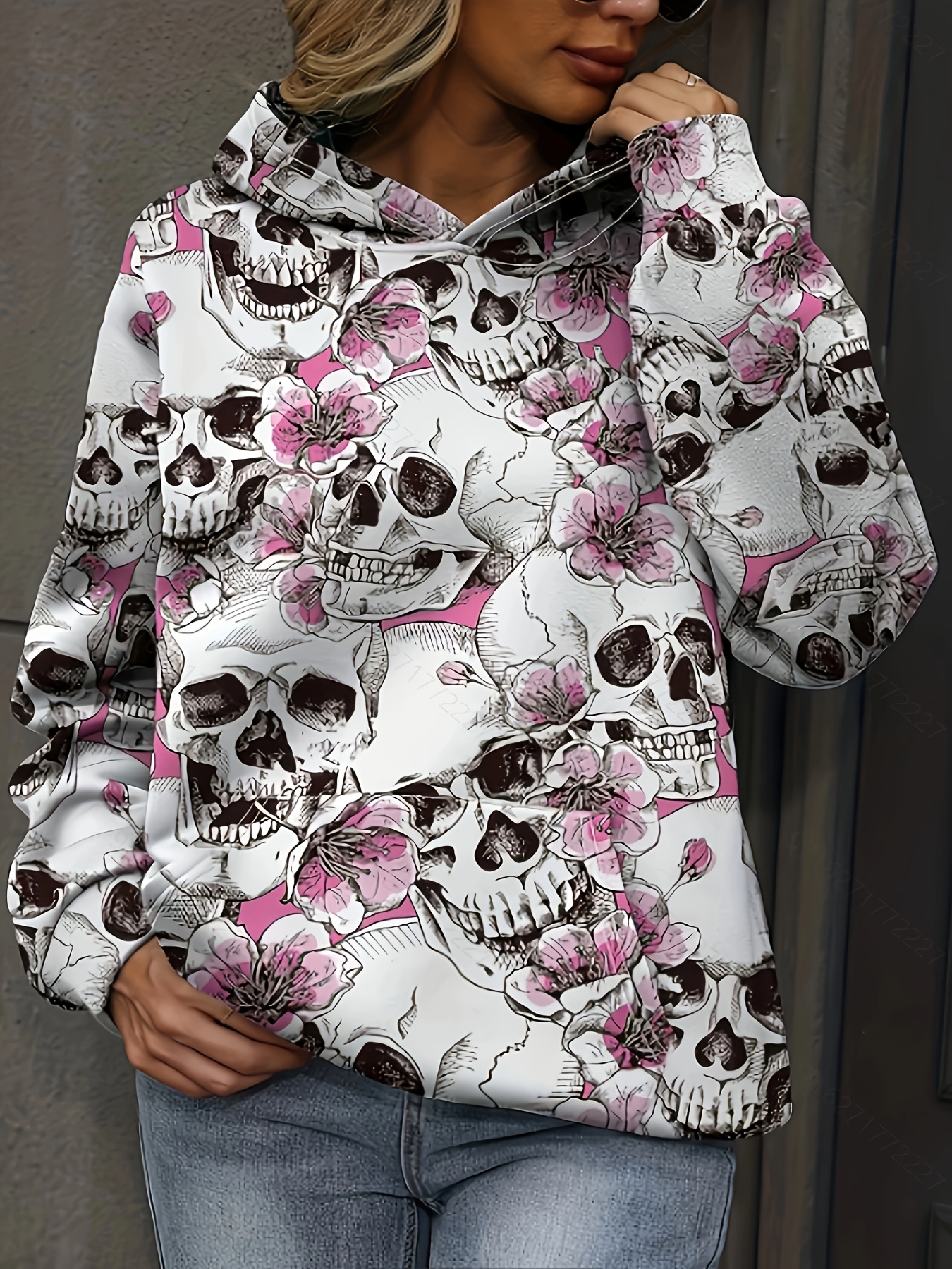 plus size casual sweatshirt womens plus skull floral print long sleeve hoodie with pockets details 0