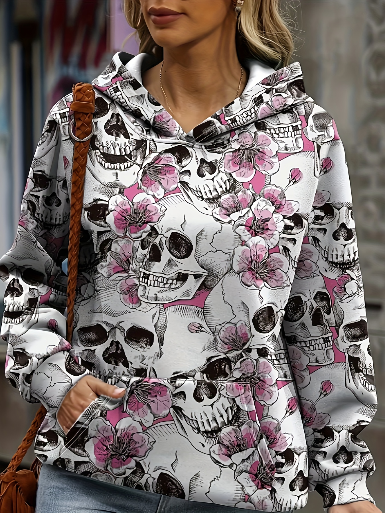 plus size casual sweatshirt womens plus skull floral print long sleeve hoodie with pockets details 1