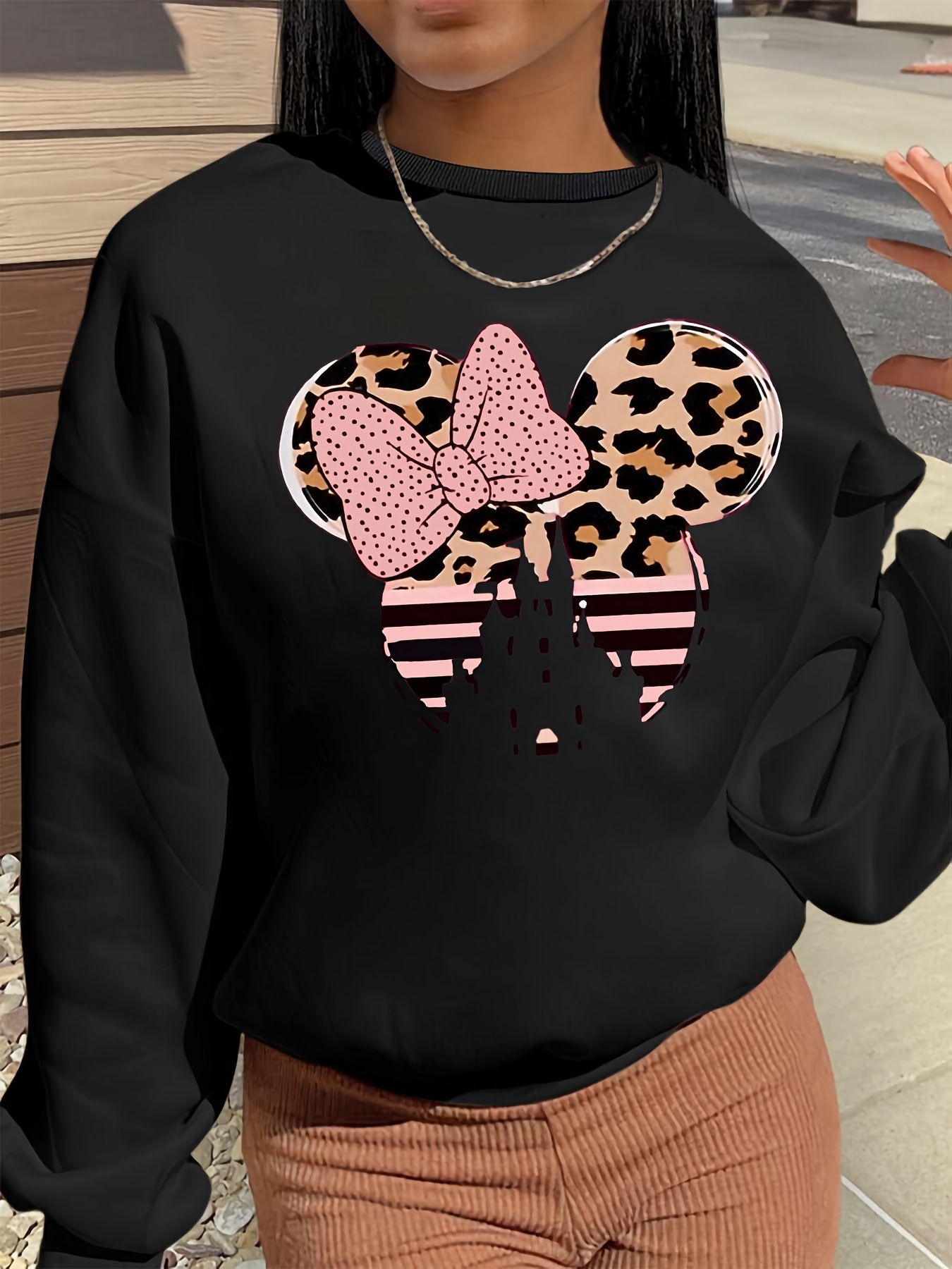 plus size casual sweatshirt womens plus graphic print fleece liner long sleeve round neck sweatshirt details 0