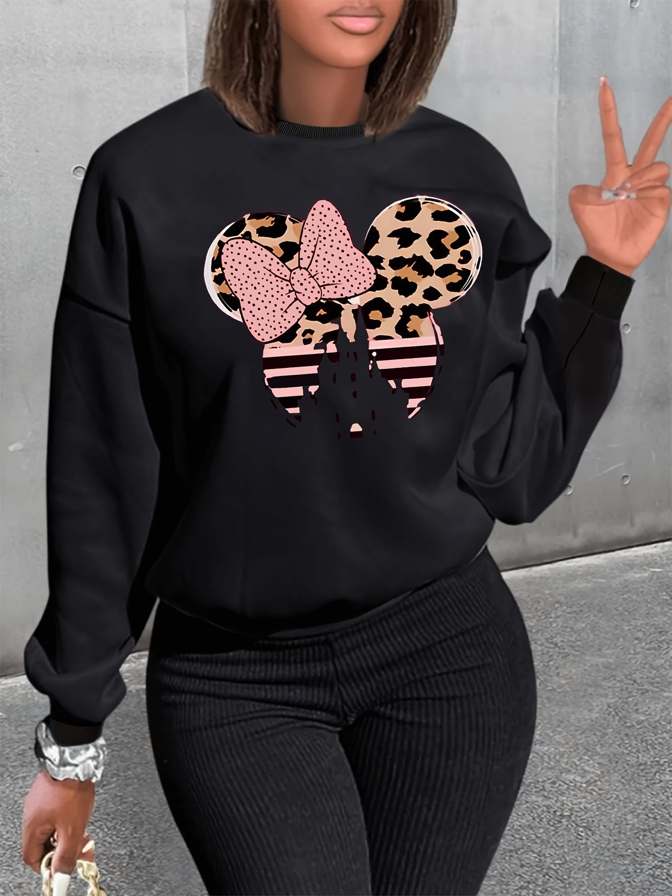 plus size casual sweatshirt womens plus graphic print fleece liner long sleeve round neck sweatshirt details 2