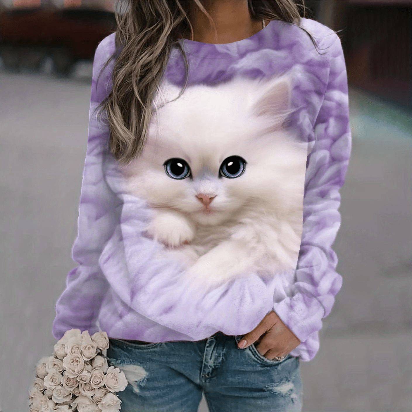 plus size casual sweatshirt womens plus cat print long sleeve round neck sweatshirt details 2