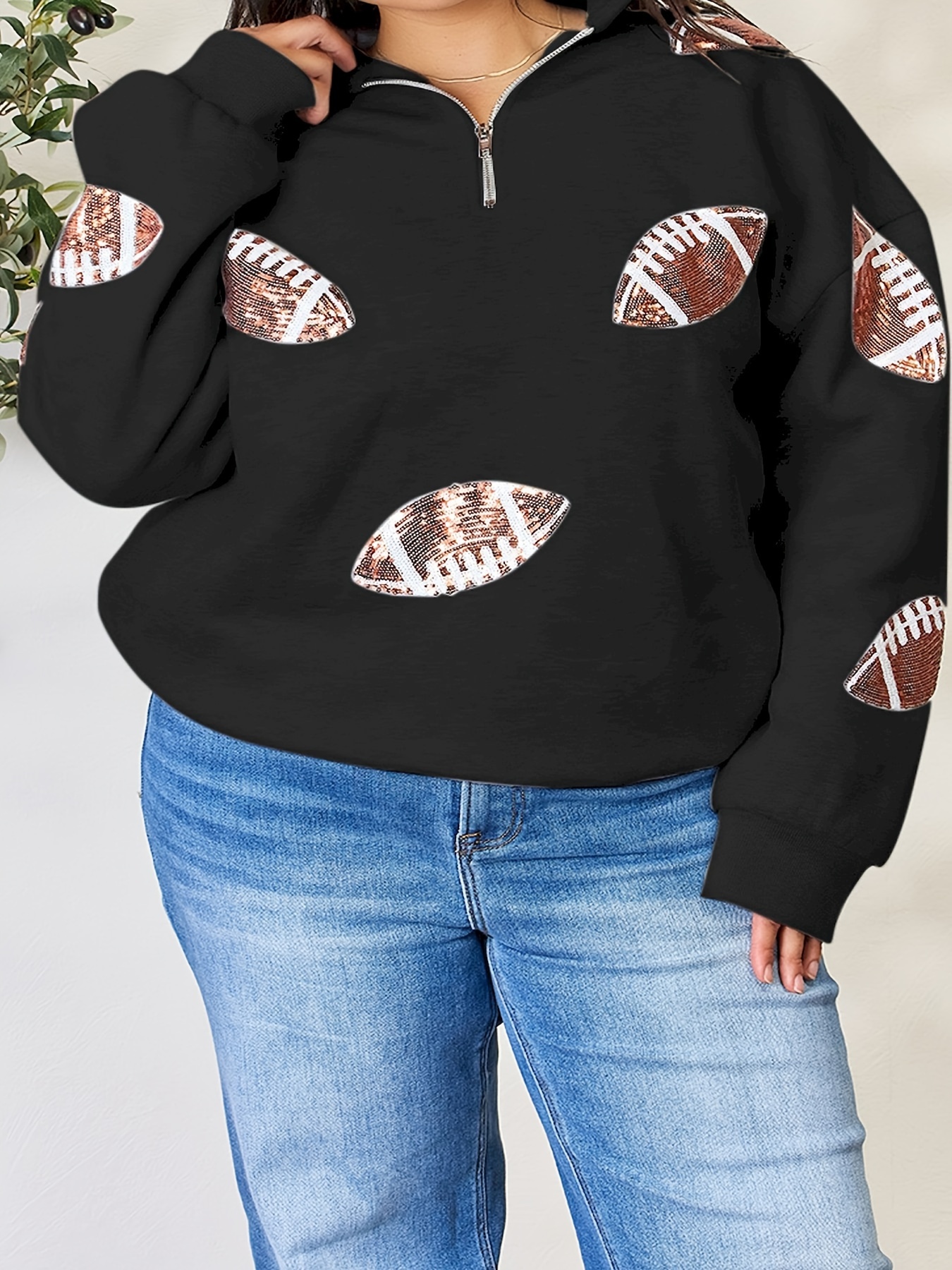 full size sequin football half zip long sleeve sweatshirt details 0