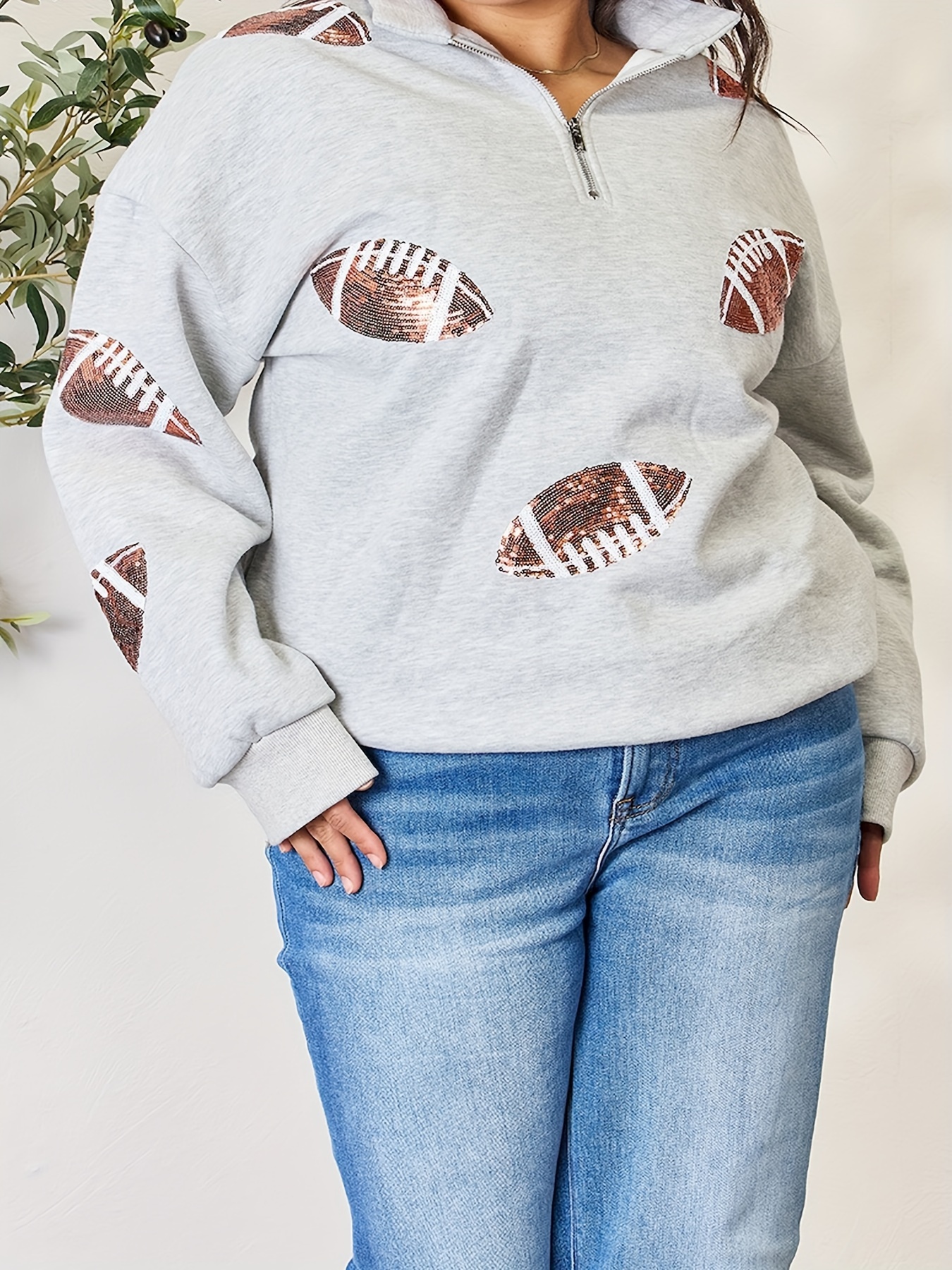 full size sequin football half zip long sleeve sweatshirt details 3