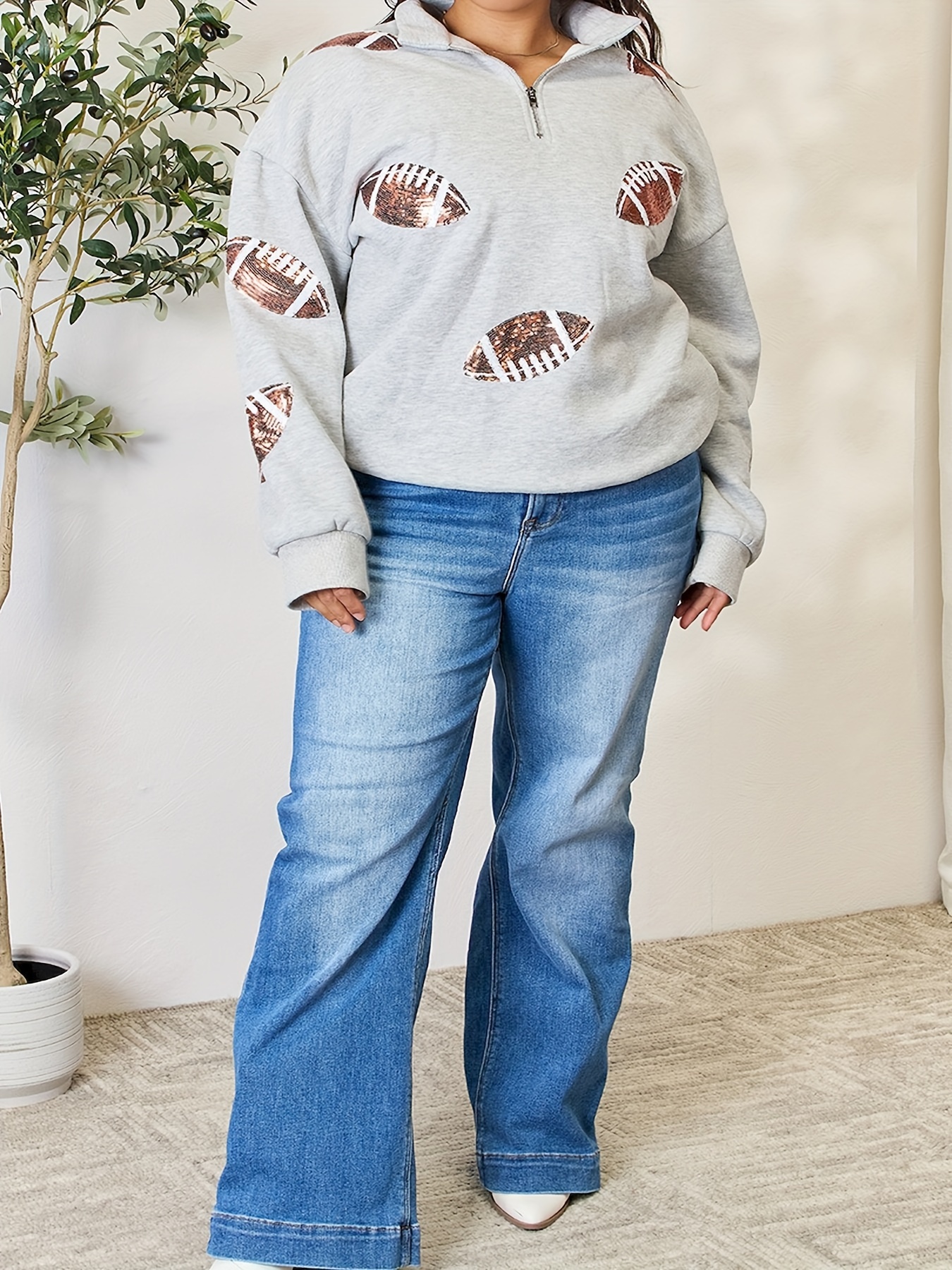 full size sequin football half zip long sleeve sweatshirt details 5